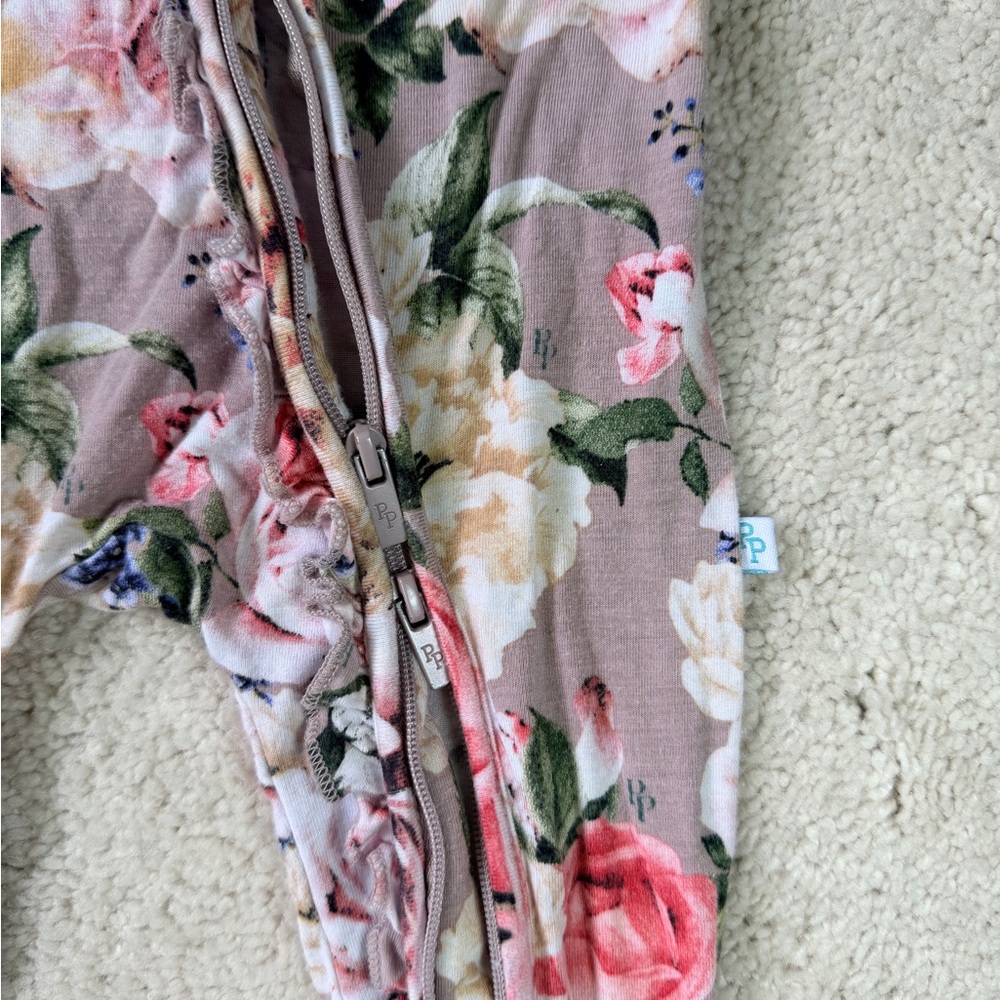 Posh Peanut Floral Footie Ruffled Zippered One Piece in Pink, Green, & Grey - Picture 7 of 12